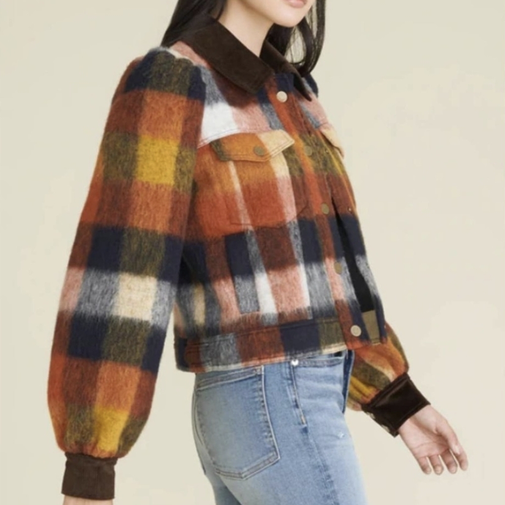 Veronica Beard Multicolor Plaid Wool Blend Cropped Pea Coat
